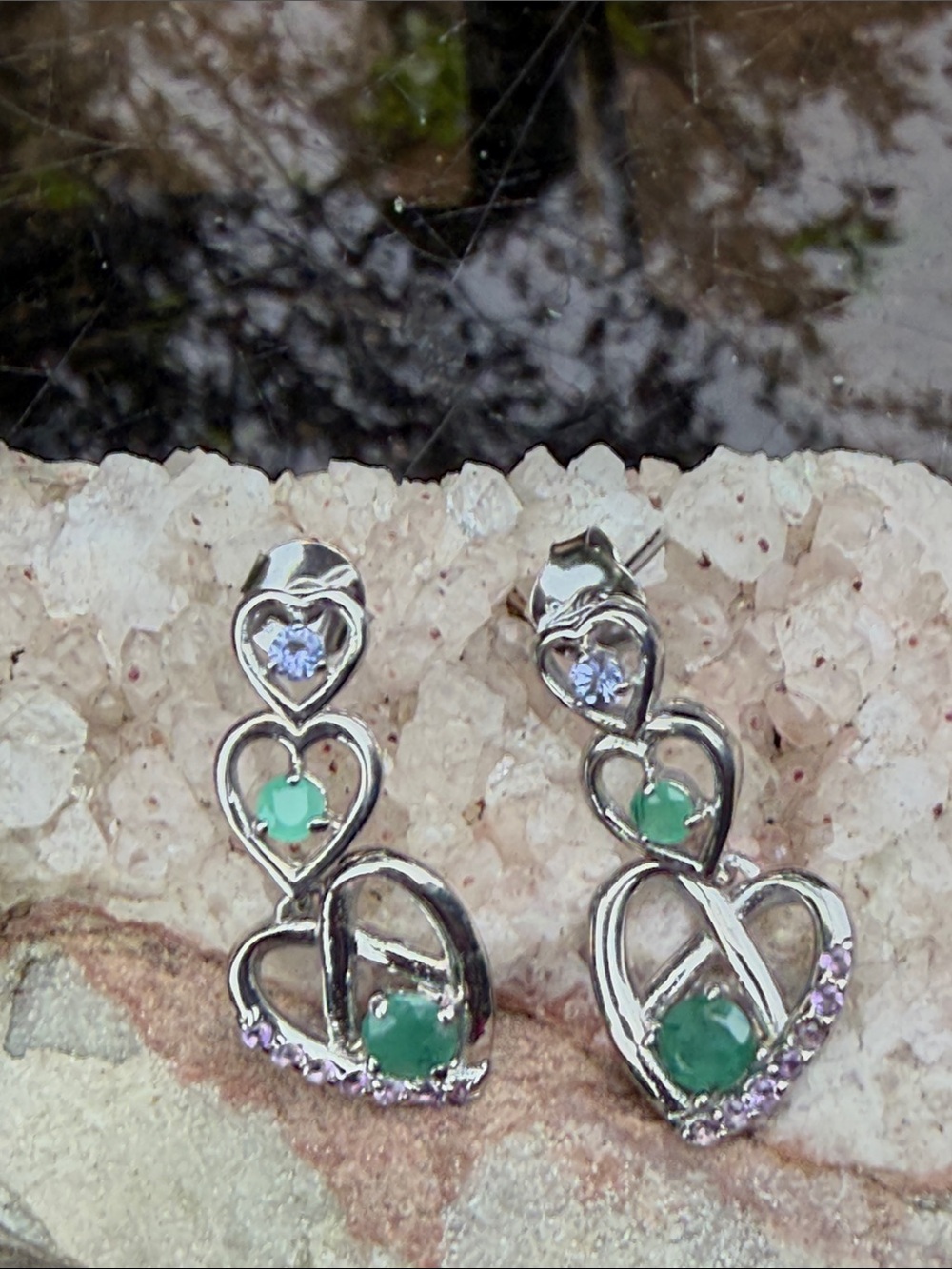 Emerald, Amethyst and Tanzanite 925 Sterling Silver Heart Drop Earring